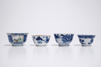 Four Chinese famille rose and blue and white cups and saucers, 18/19th C.