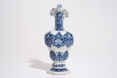 A Dutch Delft blue and white rope twist handle jug, late 17th C.