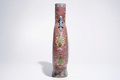 A tall Chinese famille rose moonflask with garden scenes, 19/20th C.