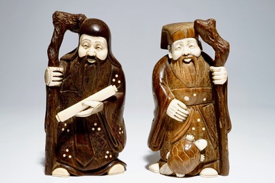 A pair of Japanese okimono in ivory and wood, Meiji, signed