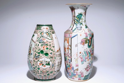 A Chinese famille verte silk production vase and a famille rose &quot;Hundred boys&quot; vase, 19/20th C.