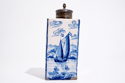 A rare blue and white Amsterdam Delft gin bottle or tea caddy, ca. 1720