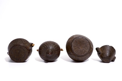 Three engraved wooden powder flasks, Bakongo, D.R. Congo, early 20th C.