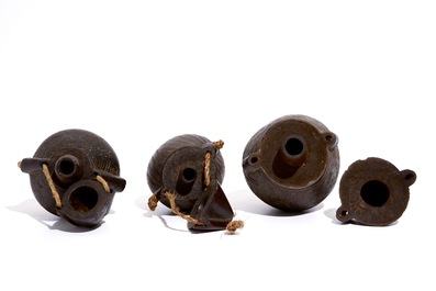 Three engraved wooden powder flasks, Bakongo, D.R. Congo, early 20th C.