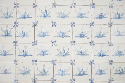 Un lot de 85 carreaux de style Delft aux paysages en bleu et blanc, Bruges, atelier Pulinx, 18&egrave;me