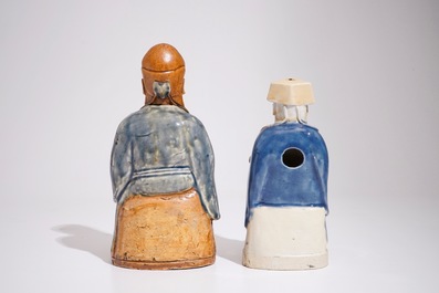 Two Chinese blue and white glazed biscuit figures of immortals, Qianlong