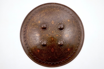Three round damascened iron shields, Qajar, Iran, 18/19th C.