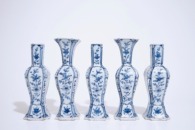 A fine Dutch Delft blue and white five-piece chinoiserie garniture, 1st half 18th C.