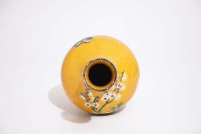 A Chinese yellow ground famille rose vase, 20th C.