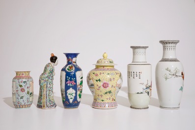 Five Chinese famille rose vases and a standing figure, 19/20th C.