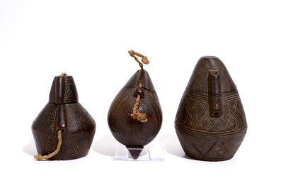 Three engraved wooden powder flasks, Bakongo, D.R. Congo, early 20th C.