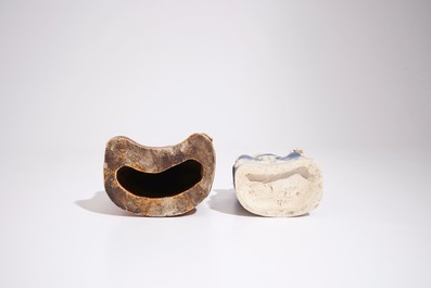 Two Chinese blue and white glazed biscuit figures of immortals, Qianlong