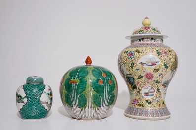 Two Chinese famille rose vases and covers and a small covered famille verte ginger jar, 19/20th C.