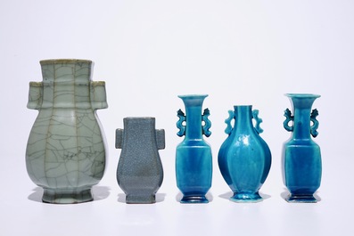 Three Chinese turquoise glazed and two crackle glazed vases, 18th C. and later