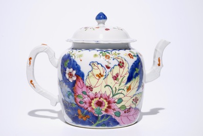 A Chinese famille rose &ldquo;Tobacco Leaf&rdquo; teapot and cover, Qianlong