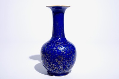A Chinese powder blue and gilt kendi with floral design, Kangxi