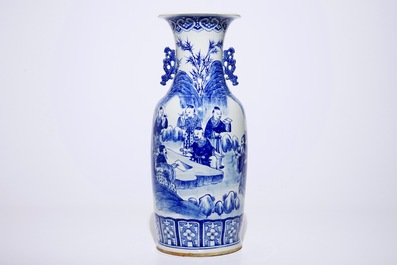 A tall Chinese blue and white vase with Liu Hai and the toad, 20th C.