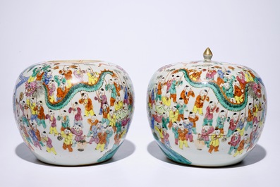 A pair of Chinese famille rose &quot;one hundred boys&quot; ginger jars, 19th C