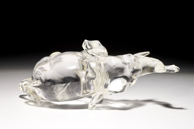 A Chinese carved rock crystal figure of an elephant, signed, 19/20th C.