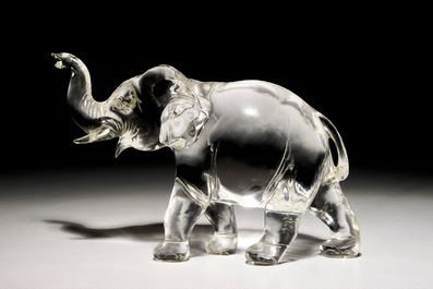 A Chinese carved rock crystal figure of an elephant, signed, 19/20th C.