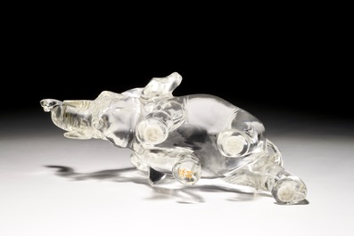 A Chinese carved rock crystal figure of an elephant, signed, 19/20th C.