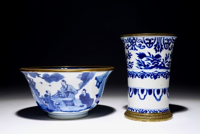 A blue and white Chinese bowl and beaker vase with bronze mounts, Kangxi