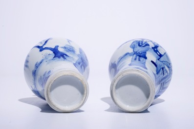 A pair of Chinese blue and white meiping vases with figures in Kangxi style, 19/20th C.