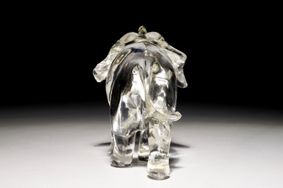 A Chinese carved rock crystal figure of an elephant, signed, 19/20th C.