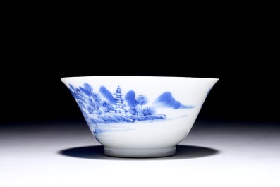 A Chinese blue and white wine cup, Yongzheng mark and of the period