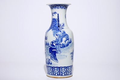 A tall Chinese blue and white vase with Liu Hai and the toad, 20th C.