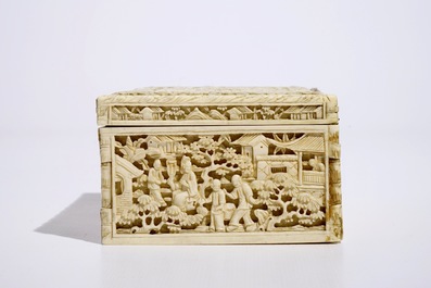 A rectangular Chinese carved ivory casket, Canton, 19th C.