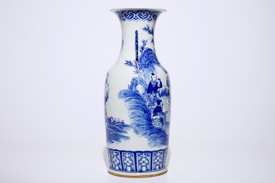 A tall Chinese blue and white vase with Liu Hai and the toad, 20th C.