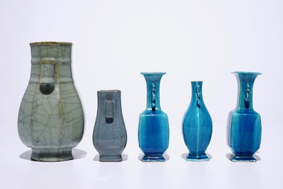 Three Chinese turquoise glazed and two crackle glazed vases, 18th C. and later