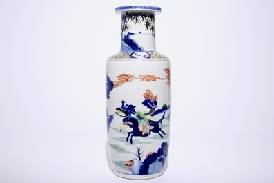 A large Chinese rouleau vase with equestrian soldiers, 20th C.