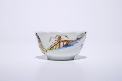 A fine Chinese export porcelain eggshell cup and saucer with a couple with a birdcage, Yongzheng