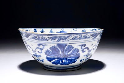 A blue and white Chinese bowl with a landscape design, Ming, Wanli/Jiajing