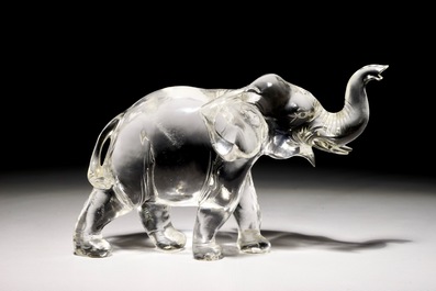 A Chinese carved rock crystal figure of an elephant, signed, 19/20th C.