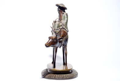 A large Chinese bronze and cloisonn&eacute; model of Shou Lao on a deer, on wooden base, 19/20th C.