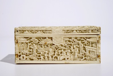 A rectangular Chinese carved ivory casket, Canton, 19th C.