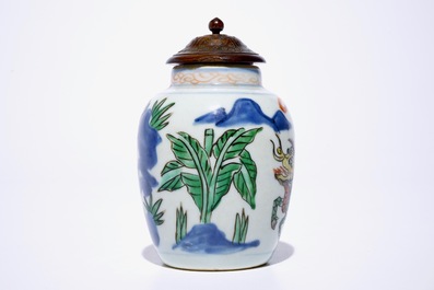 A small Chinese wucai jar with a by riding a kylin, Transitional period, Shunzhi