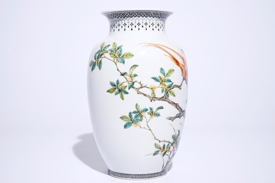A fine Chinese famille rose vase with birds among flowers, Republic, 20th C.