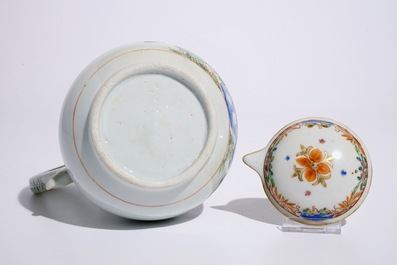 Une aigui&egrave;re couverte et son bassin en porcelaine de Chine famille rose, Qianlong