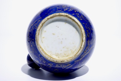 A Chinese powder blue and gilt kendi with floral design, Kangxi
