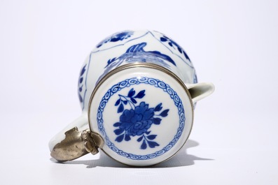 A Chinese blue and white silver-mounted jug and cover, a cup and saucer and three saucer plates, Kangxi