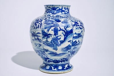 A Chinese blue and white baluster vase with figurative medallions, Ming, Wanli