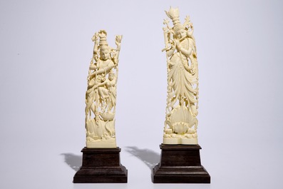 Two tall Indian carved ivory figures of deities, ca. 1900