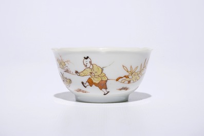 Une tasse et soucoupe en porcelaine de Chine coquille d&rsquo;oeuf &agrave; d&eacute;cor d&rsquo;un paysan au buffle, Yongzheng