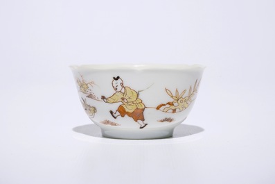 A fine Chinese export porcelain eggshell cup and saucer with a farmer and his buffalo, Yongzheng