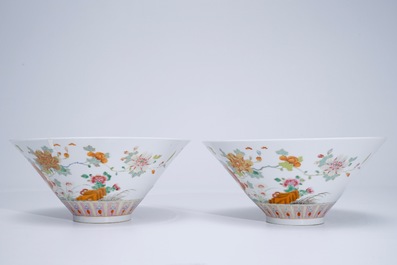 A pair of unusual Chinese famille rose conical bowls, 19th C.