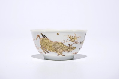 A fine Chinese export porcelain eggshell cup and saucer with a farmer and his buffalo, Yongzheng